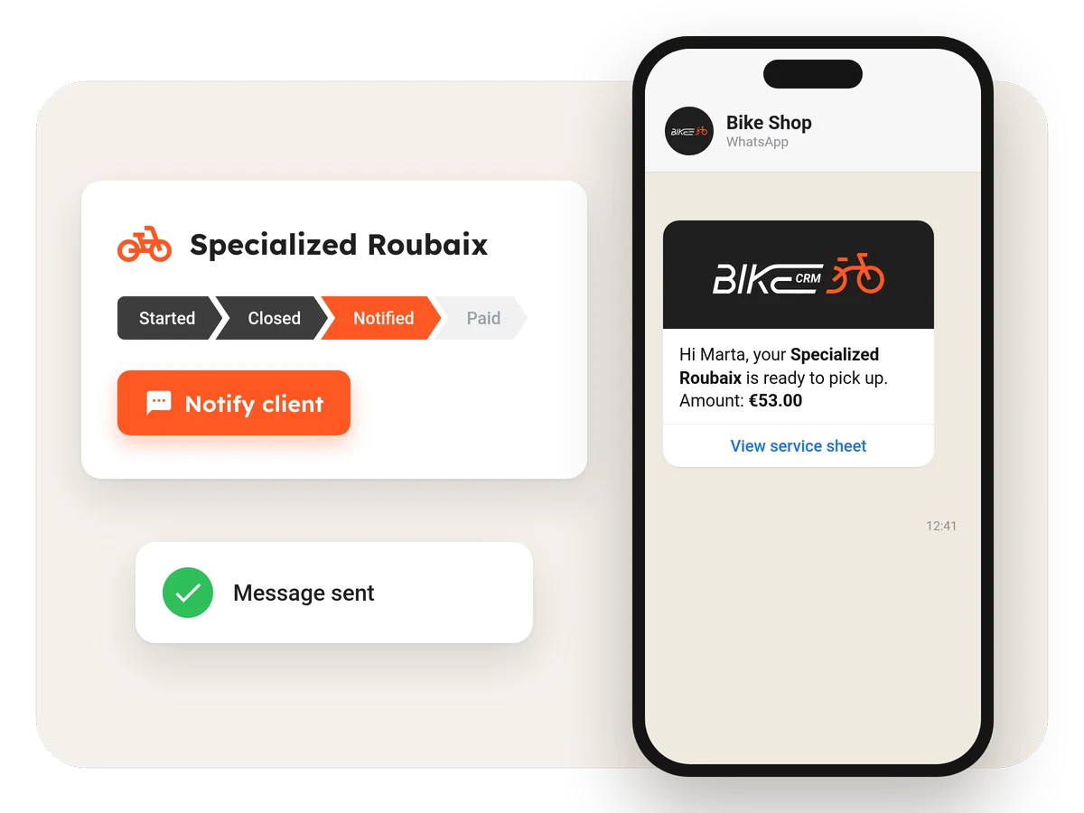 The “Notify client” button and the WhatsApp message the client receives: her bike is ready to pick up
