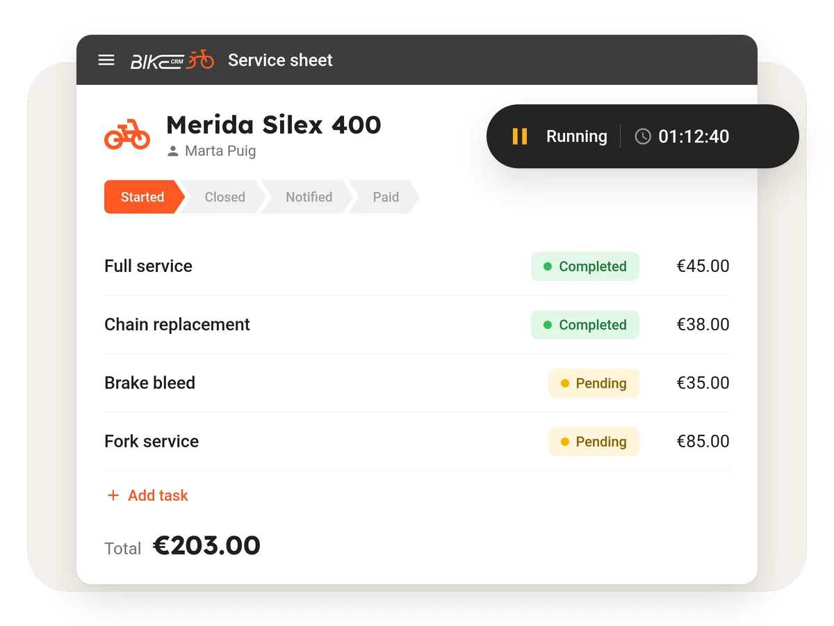 Service sheet for a Merida Silex 400 with the timer running and four tasks, two completed and two pending
