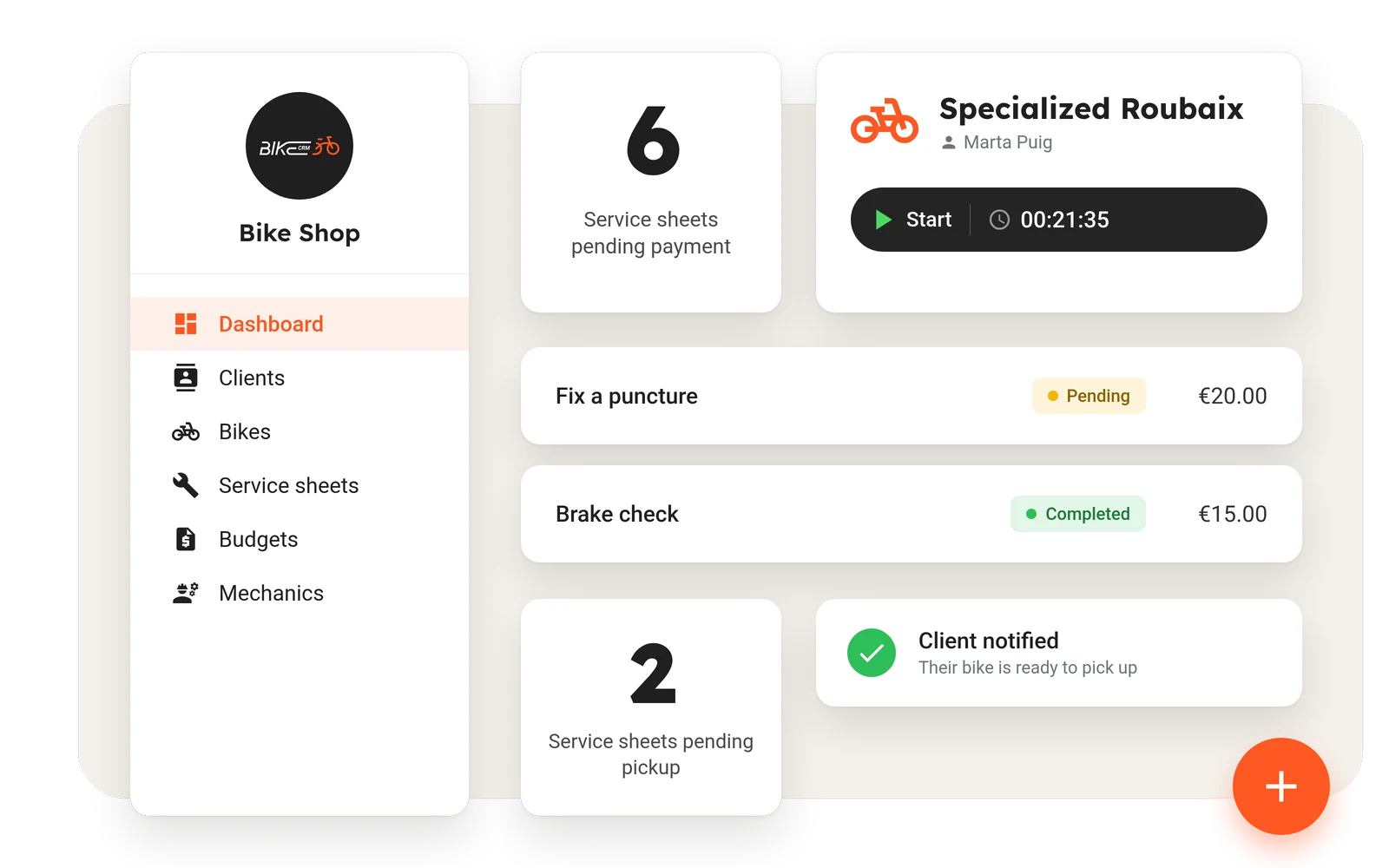 The workshop in BikeCRM: service sheets pending, the tasks on one bike and the client notified